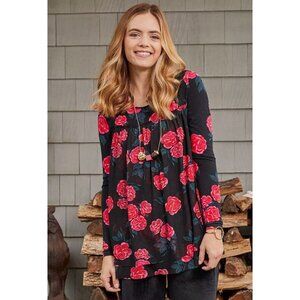 Matilda Jane Women Top Sz XS Black/Red Floral Winter Blooms Fairy Cottage Granny